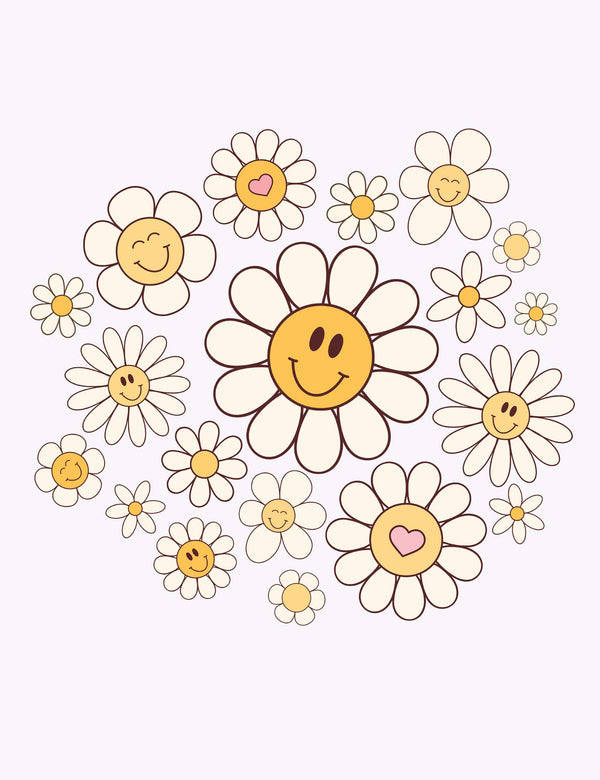 Daisy Days strijktransfer – Vrolijke madeliefjes met smileys en roze hartjes