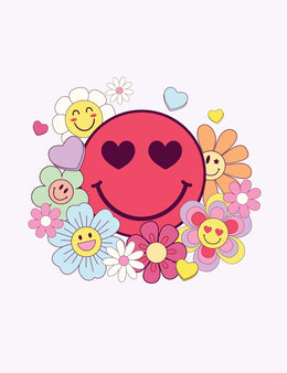 Love Bloom strijktransfer – Een grote smiley met hartjesogen tussen retrobloemen