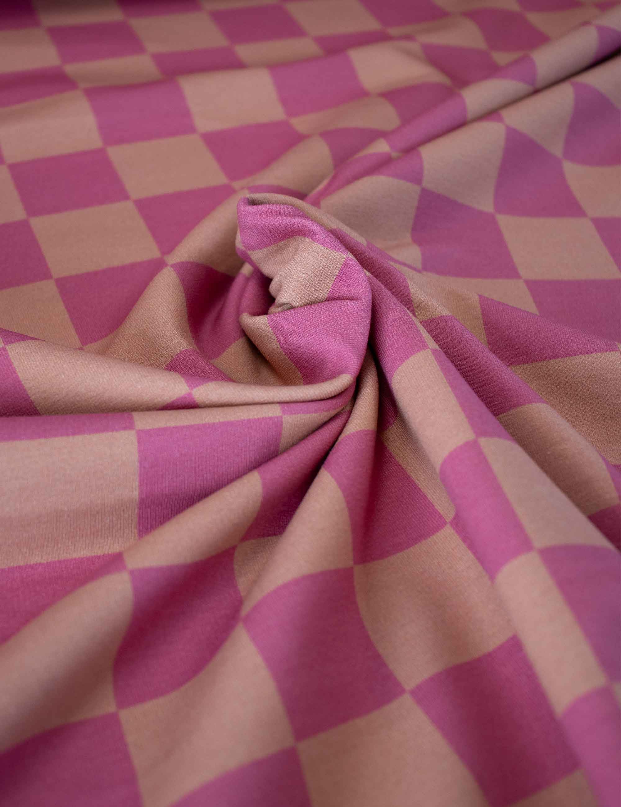 Berry Bold & Dusty Peach Check – French Terry stof – 170 cm breed
