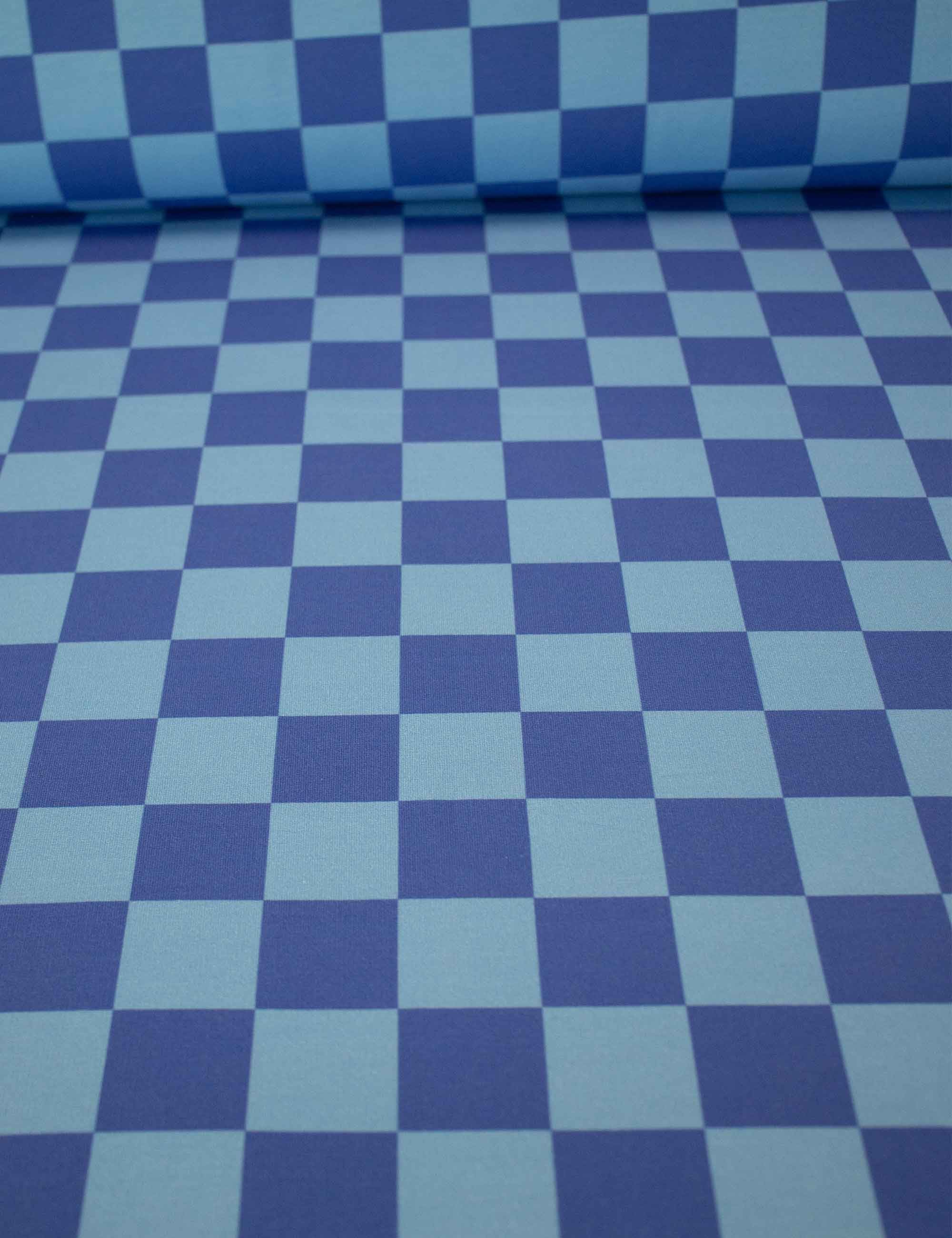 Bold Blue & Royal Blue Check – French Terry stof – 170 cm breed