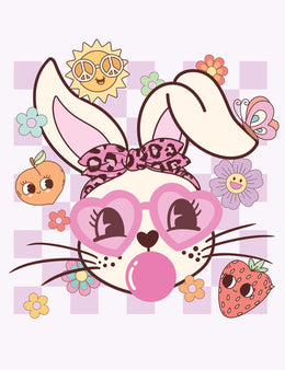 Bubble Bunny strijktransfer – Een eigenwijs konijn met hartjesbril en kauwgombel