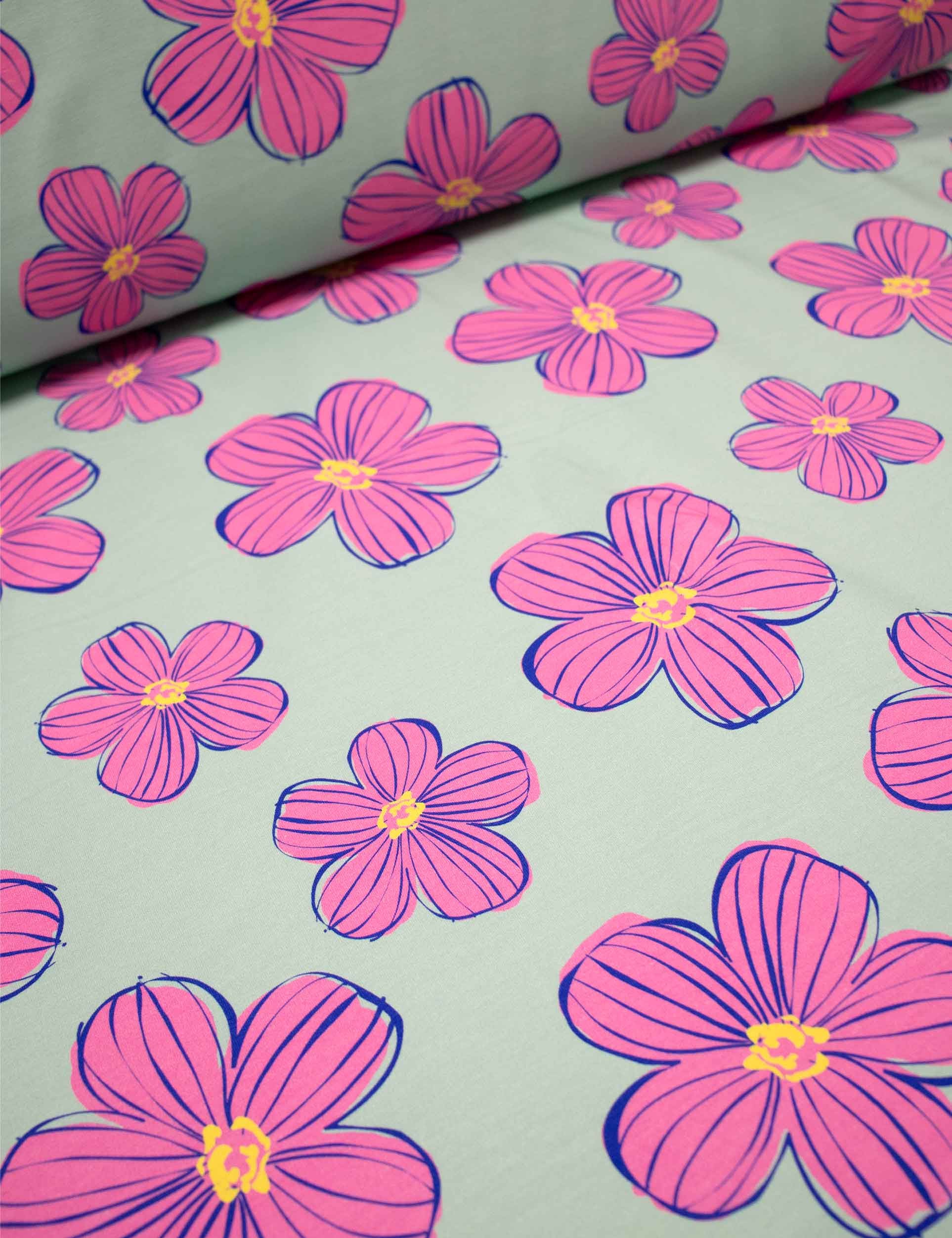 Funky Florals Mint – French Terry stof – 170 cm breed