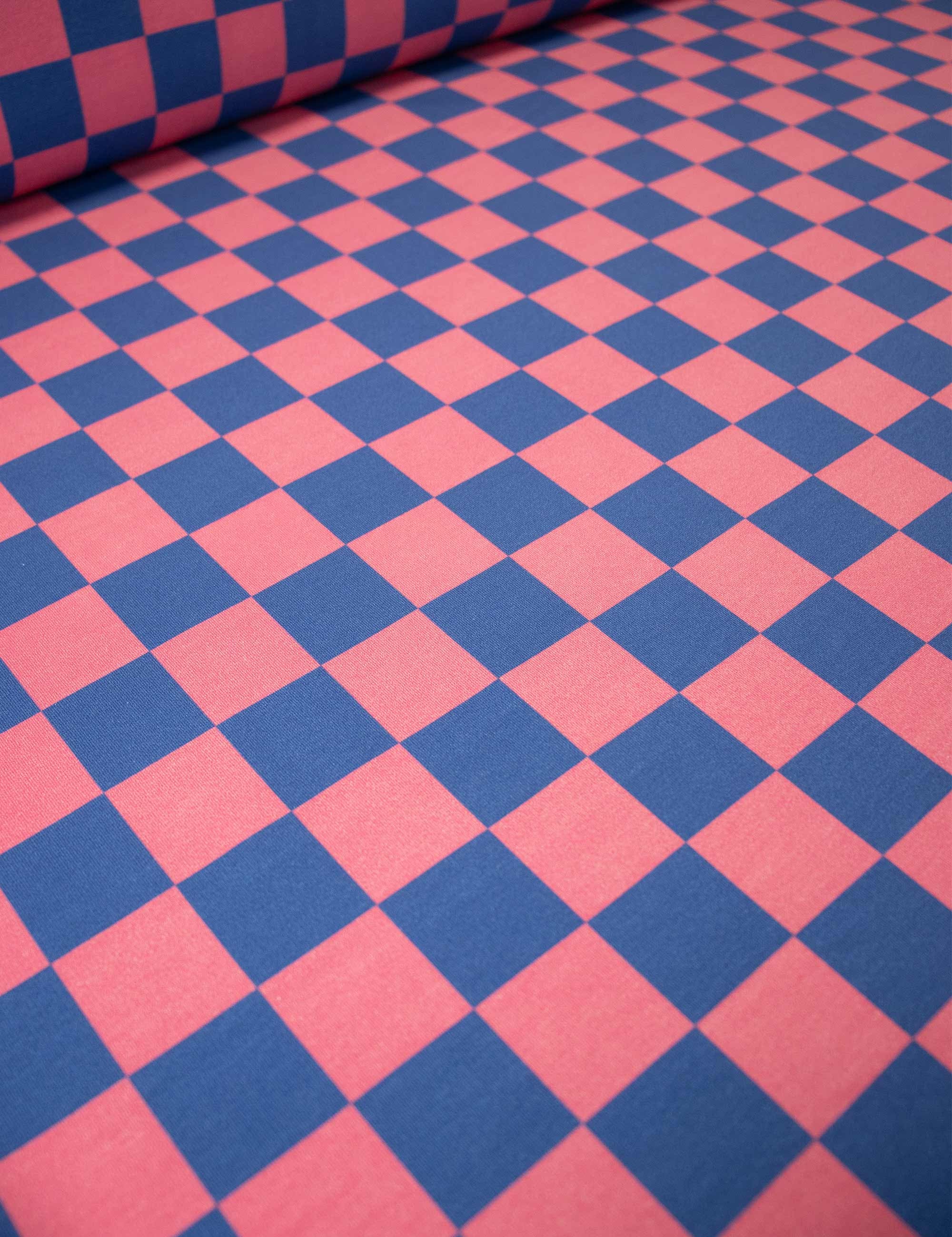 Rhino Blue & Berry Bold Check – French Terry stof – 170 cm breed