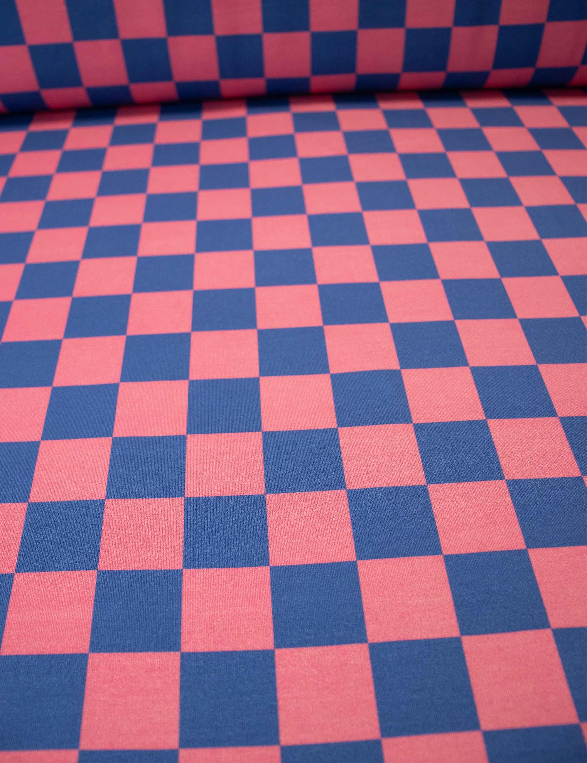 Rhino Blue & Berry Bold Check – French Terry stof – 170 cm breed