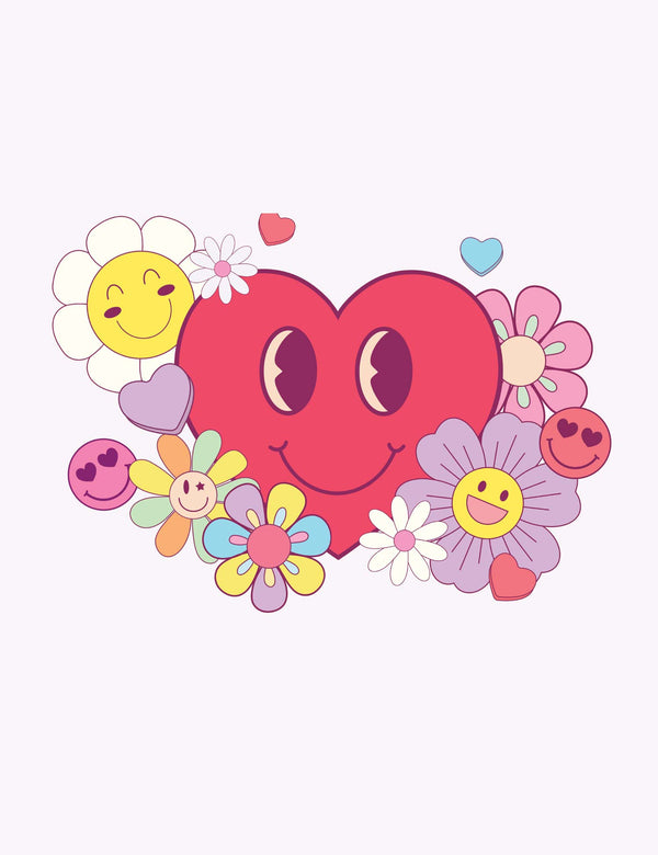 Sweet Heart strijktransfer – Een lachend hart vol bloemen en vrolijke gezichtjes