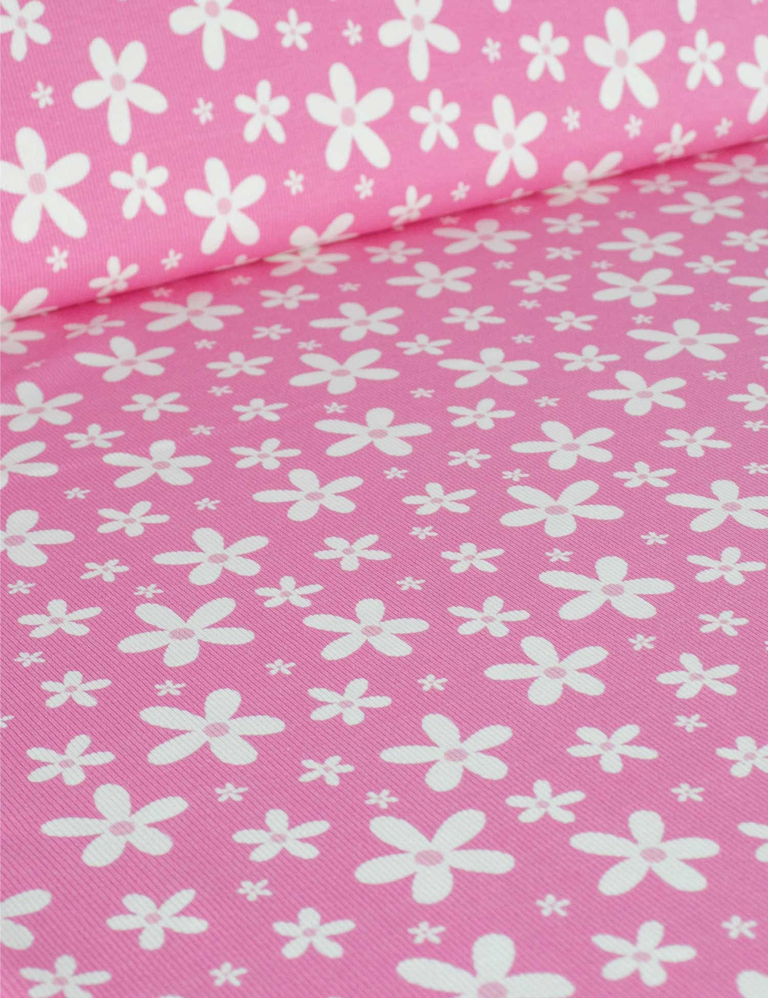 Daisy Pop Bubble Pink – Rib tricotstof – 125 cm breed – overzicht