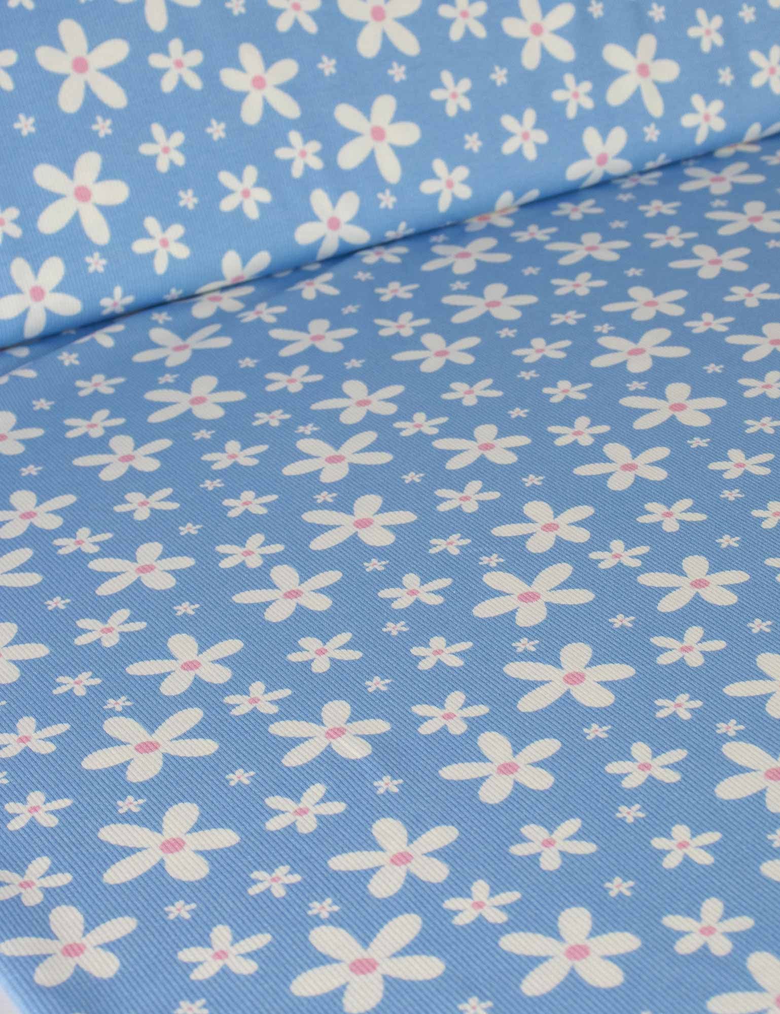 Daisy Pop Sky Blue – Rib tricotstof – 125 cm breed – overzicht