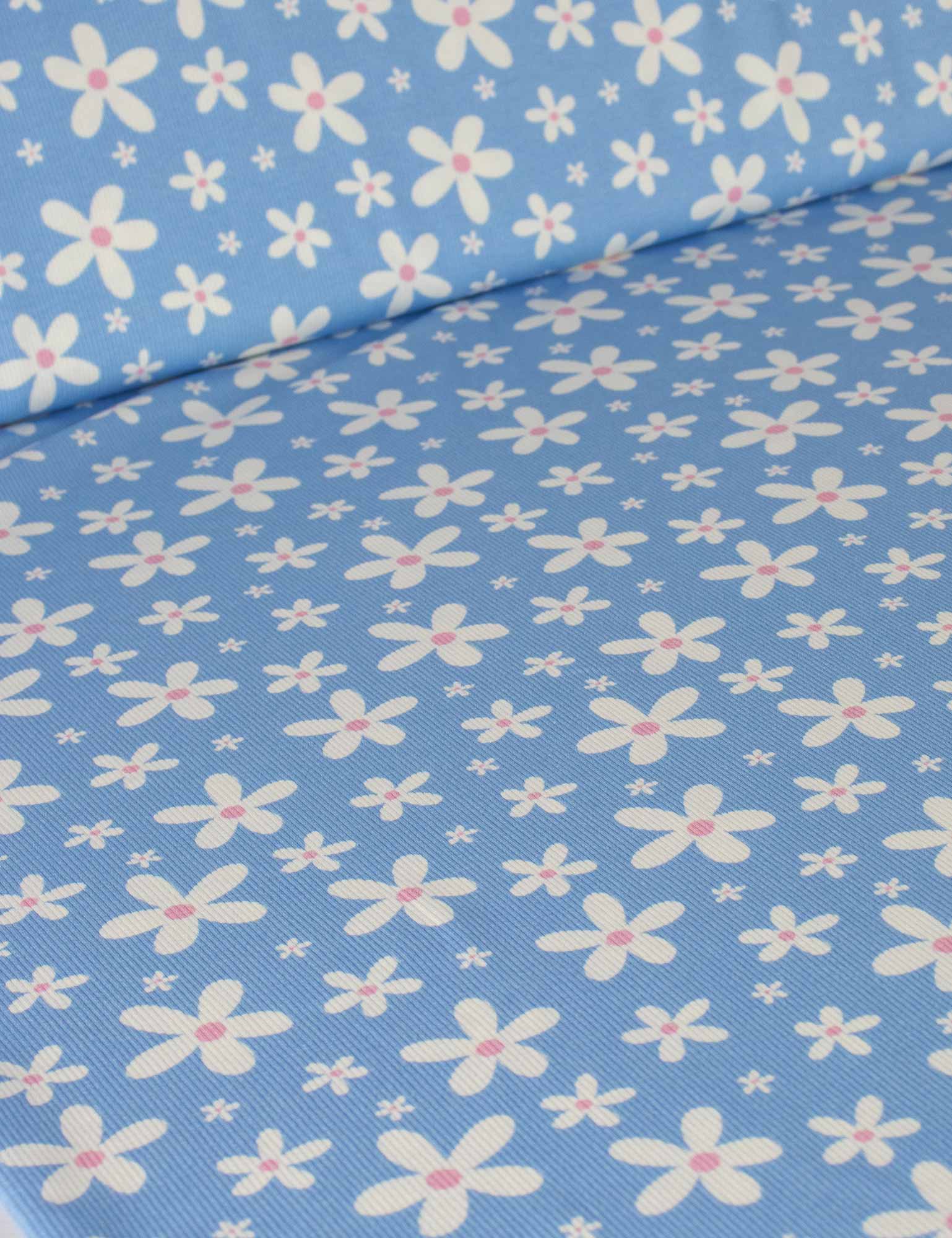 Daisy Pop Sky Blue – Rib tricotstof – 125 cm breed – overzicht