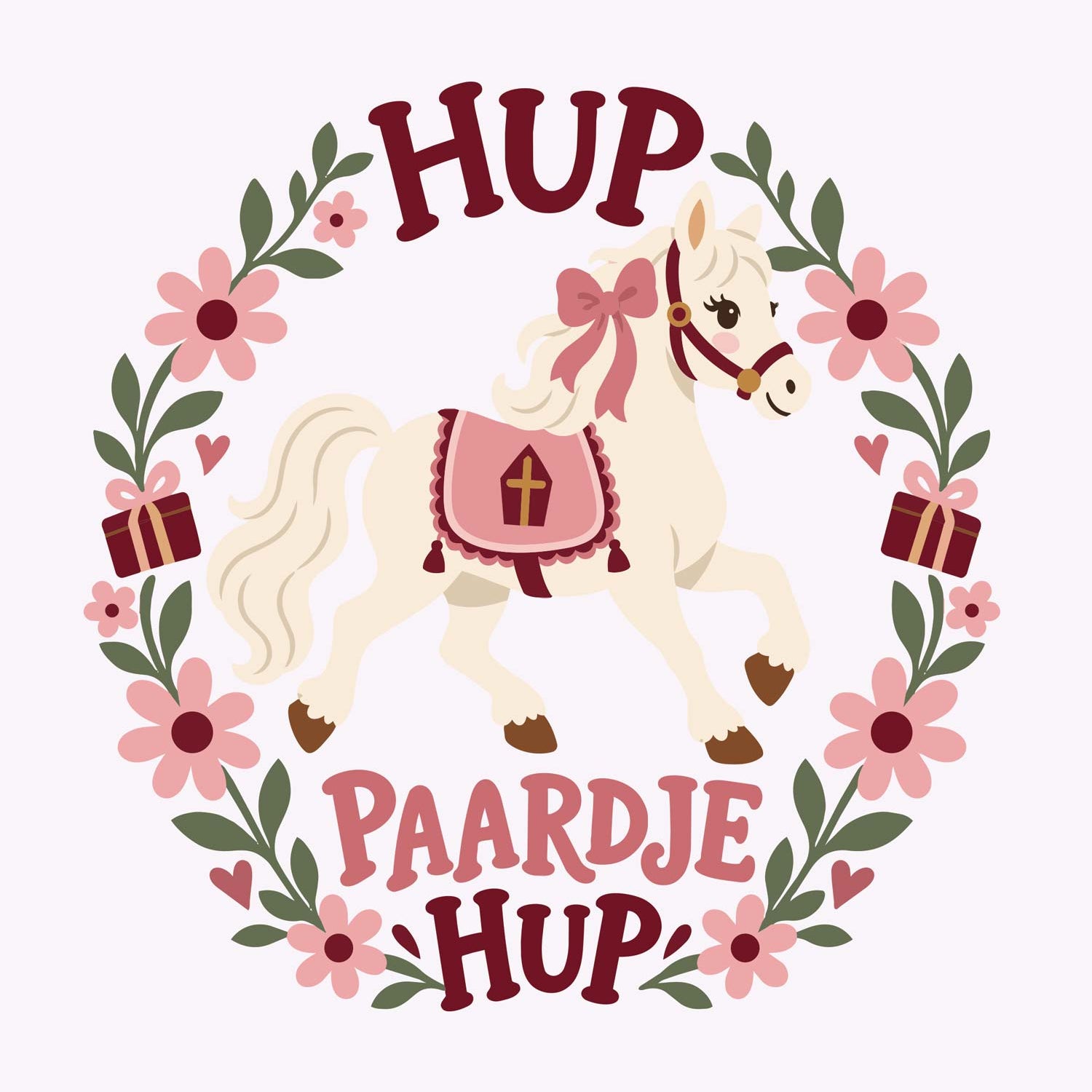 Hup paardje – Bloemen Sinterklaas strijktransfer – Een paard met roze strik in een bloemenkrans