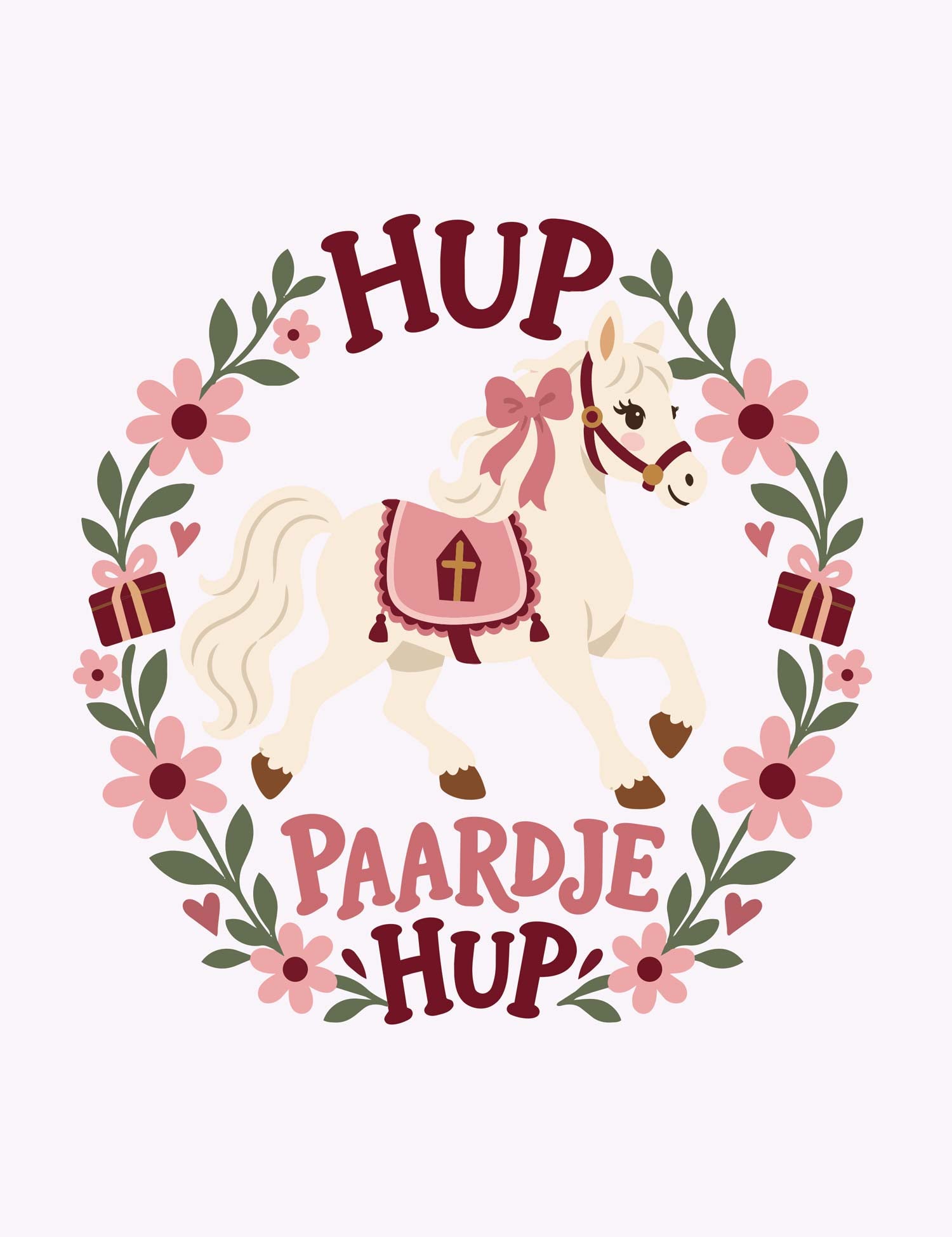 Hup paardje – Bloemen Sinterklaas strijktransfer – Een paard met roze strik in een bloemenkrans
