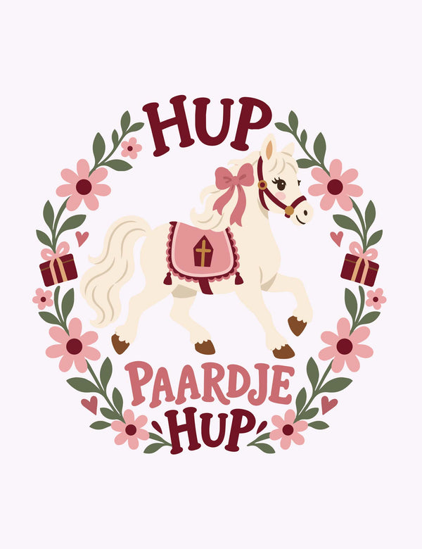 Hup paardje – Bloemen Sinterklaas strijktransfer – Een paard met roze strik in een bloemenkrans