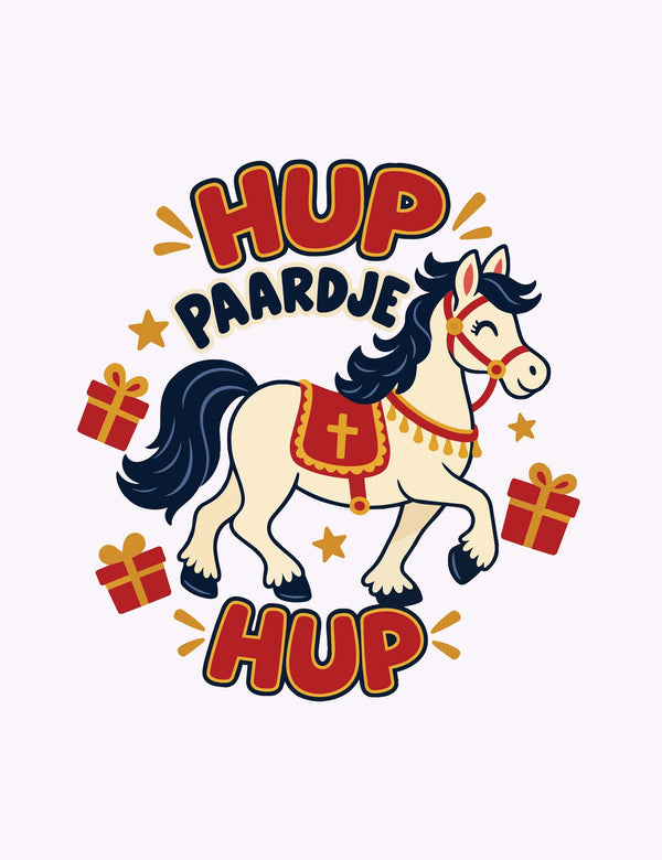 Hup paardje – Sterren Sinterklaas strijktransfer – Een vrolijk paard tussen cadeautjes en sterren