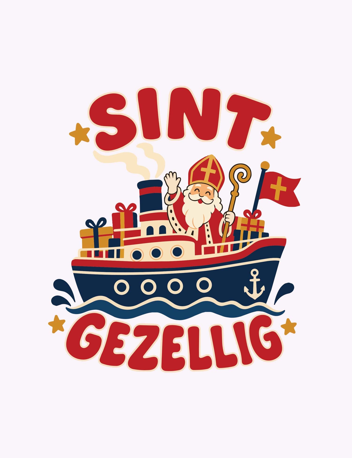 Sint Gezellig Sinterklaas strijktransfer – Sinterklaas zwaait vanaf een stoomboot vol pakjes