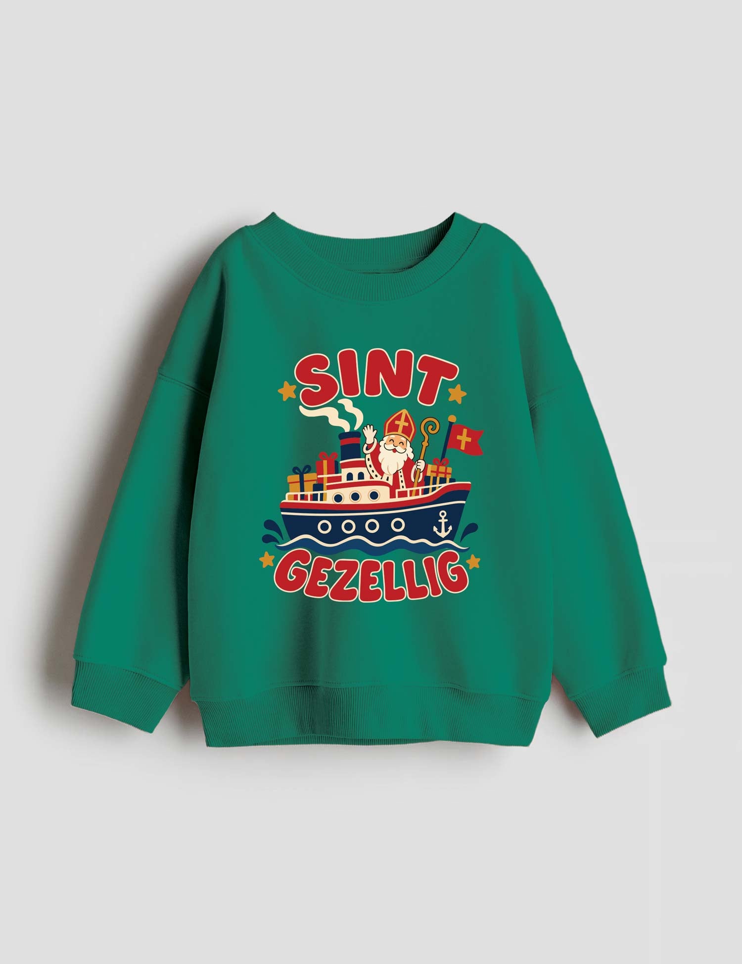 Sint Gezellig Sinterklaas strijktransfer op een trui van Power Green French Terry