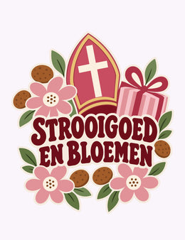 Strooigoed & Bloemen – Retro Sinterklaas strijktransfer – Een mijter, roze bloemen en stevige retroletters