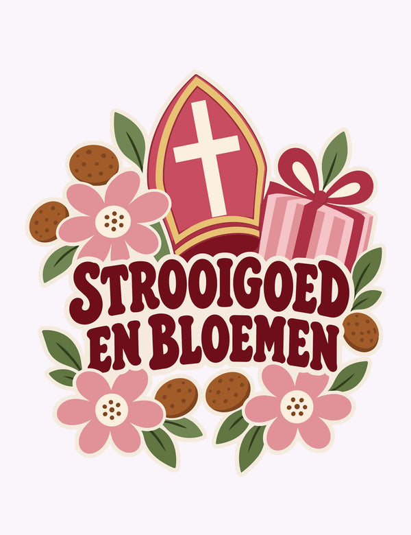 Strooigoed & Bloemen – Retro Sinterklaas strijktransfer – Een mijter, roze bloemen en stevige retroletters